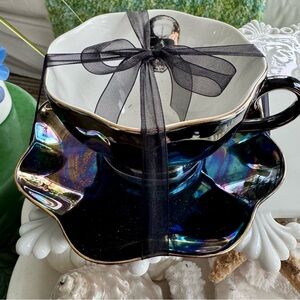 NEW! Gothic Skeleton Black & Gold Halloween Lustre Teacup & Saucer